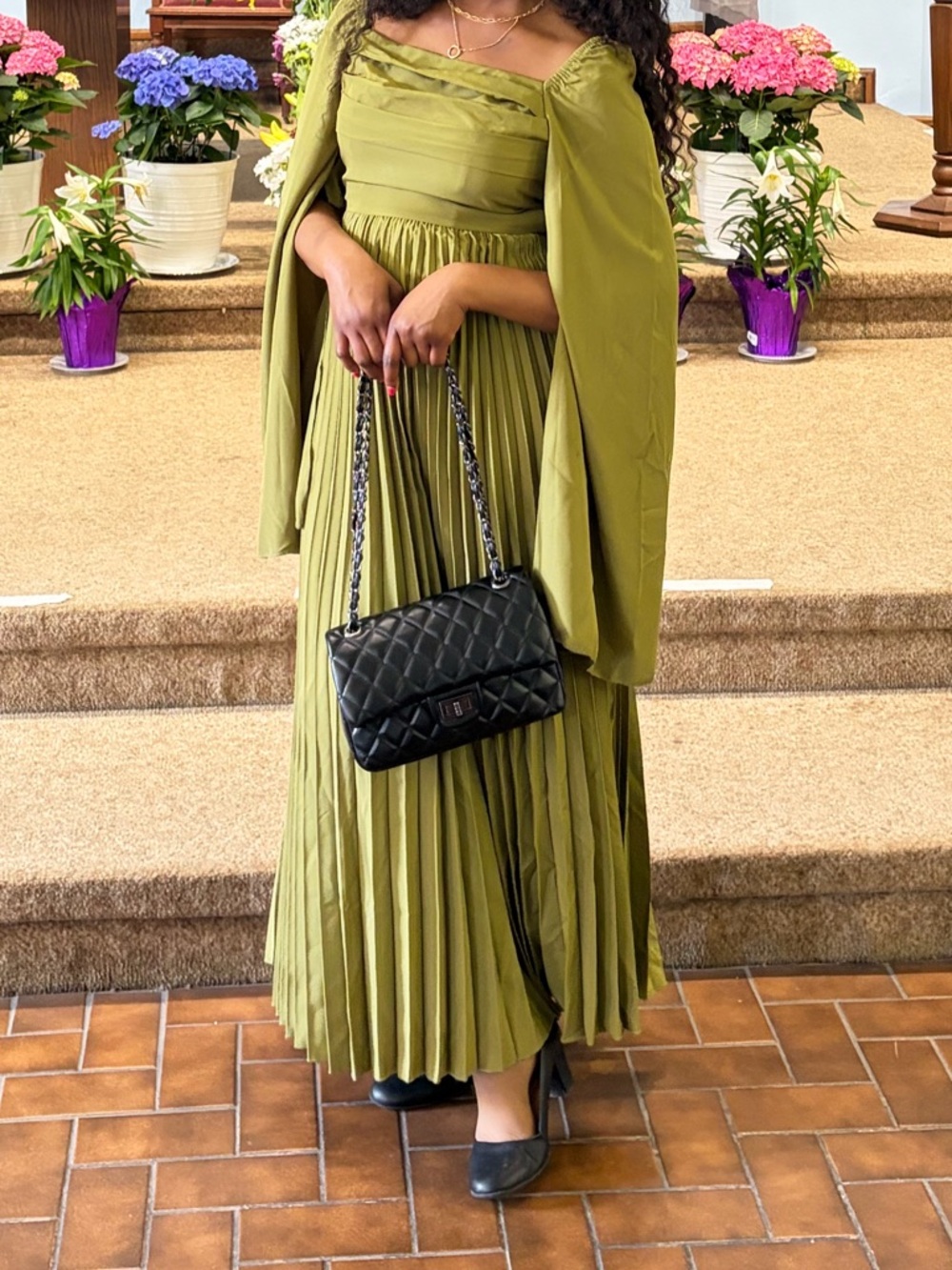 Olive Green Pleated Maxi Dress with Cape
